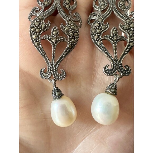 Vintage sterling silver art Deco marcasite freshwater pearl dangle Earrings - Picture 5 of 8